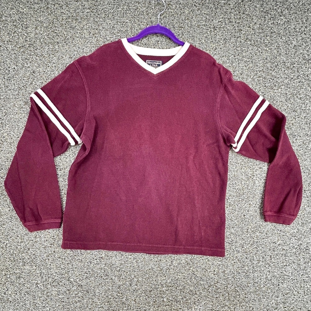 Vintage 90s Abercrombie & Fitch V Neck Shirt Cotton Stripe Sleeve Burgundy Large